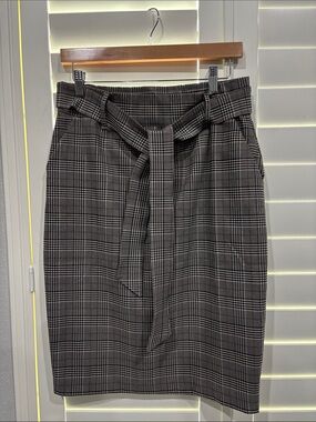 Plaid Midi Pencil Skirt with Self Tie Belt - Gray